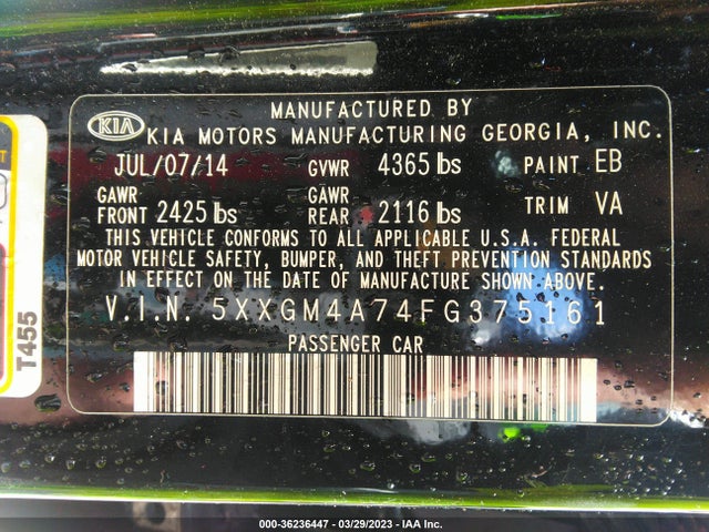 2015 Kia Optima, VIN: 5XXGM4A74FG375161