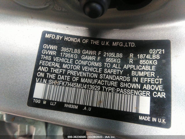 2021 Honda Civic, VIN: SHHFK7H45MU413929