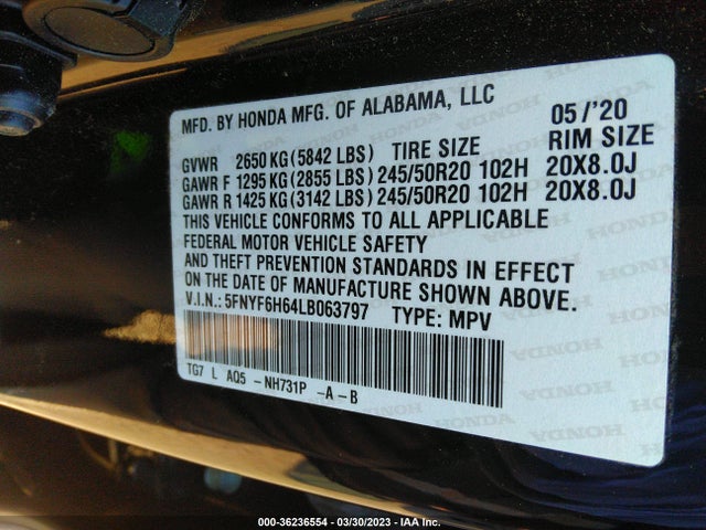Honda Pilot Touring 7-passenger 2020 5FNYF6H64LB063797 Image 9