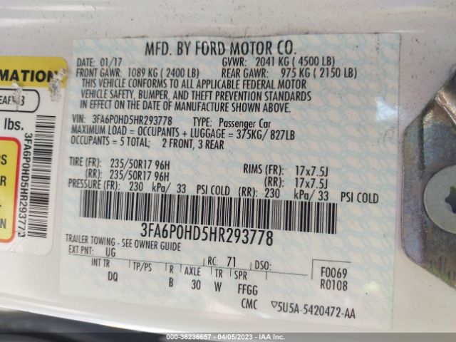 3FA6P0HD5HR293778 Ford FUSION SE