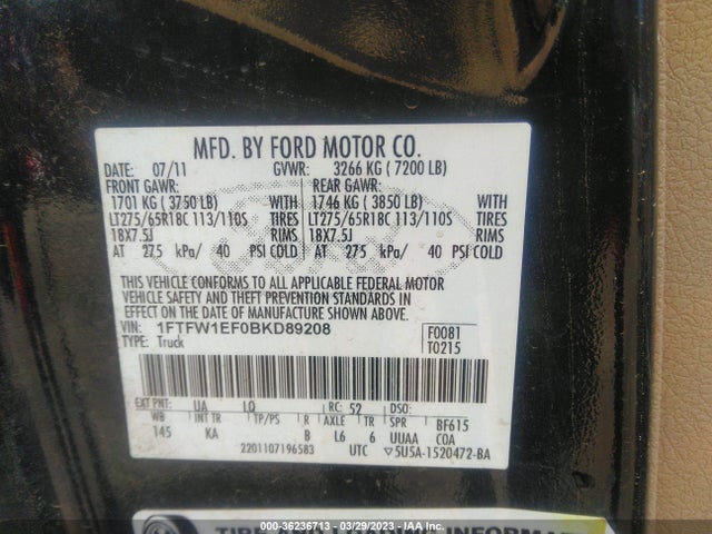 2011 FORD F-150 XL/XLT/FX4/LARIAT VIN: 1FTFW1EF0BKD89208