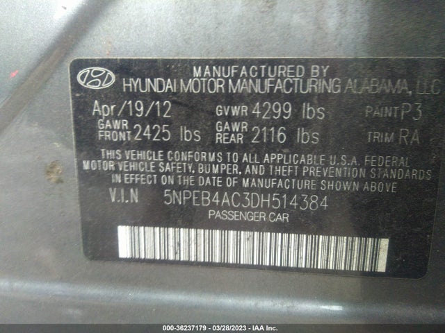 2013 HYUNDAI SONATA GLS VIN: 5NPEB4AC3DH514384