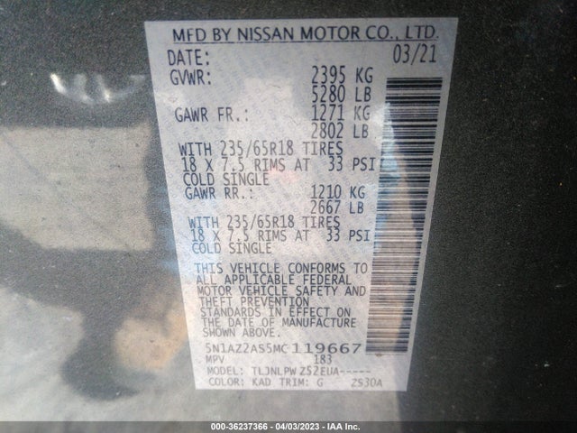 2021 NISSAN MURANO S VIN: 5N1AZ2AS5MC119667