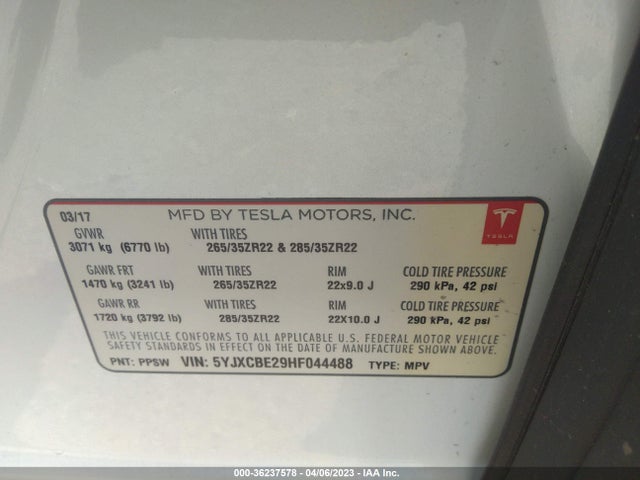 Tesla Model X 90d/75d/100d 2017 5YJXCBE29HF044488 Image 11
