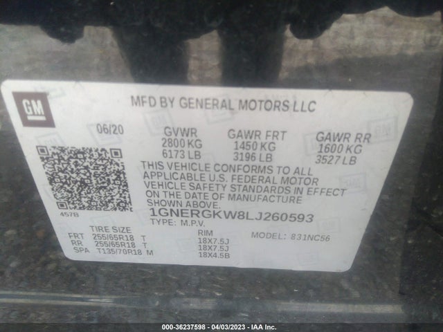 Chevrolet Traverse Lt Cloth 2020 1GNERGKW8LJ260593 Image 9