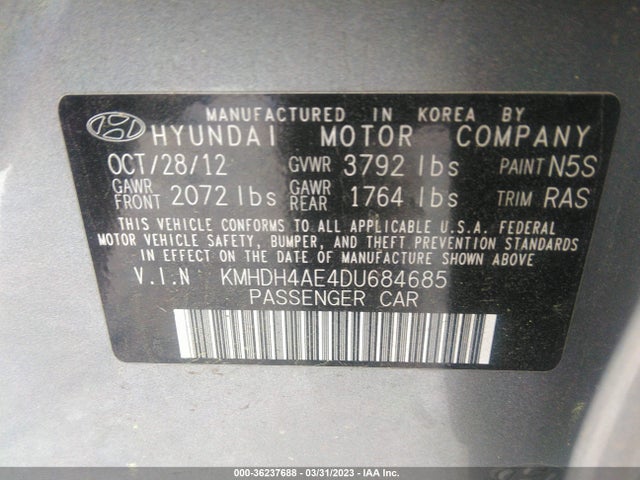 2013 HYUNDAI ELANTRA GLS VIN: KMHDH4AE4DU684685