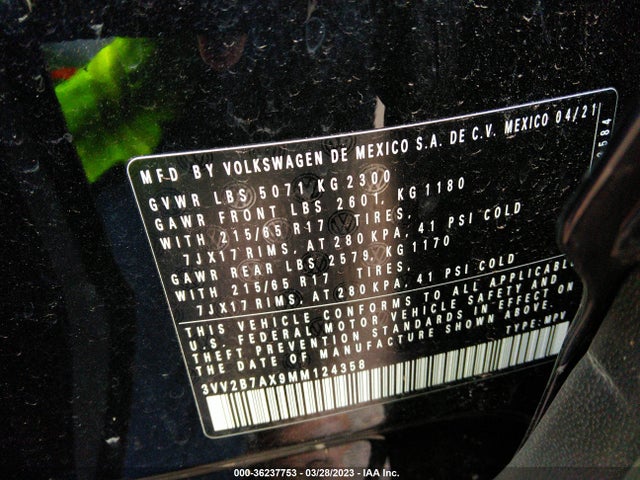 3VV2B7AX9MM124358 Volkswagen Tiguan Se/se R-line Black/sel