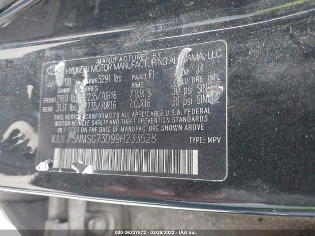 2009 HYUNDAI SANTA FE GLS VIN: 5NMSG73D99H233528