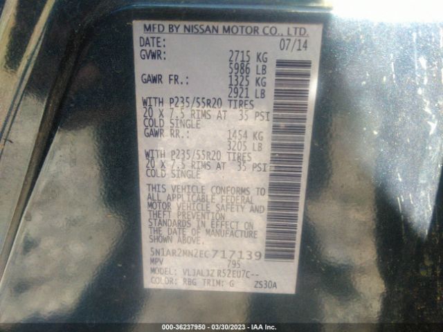 5N1AR2MN2EC717139 Nissan Pathfinder S/sv/sl/platinum