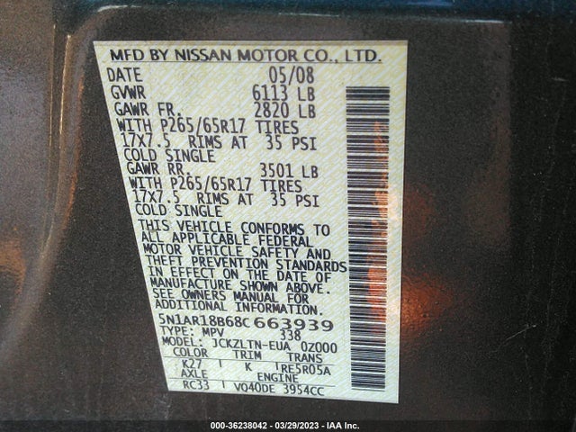 2008 NISSAN PATHFINDER SE VIN: 5N1AR18B68C663939
