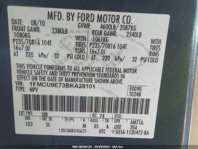2011 FORD ESCAPE LIMITED VIN: 1FMCU9E73BKA28101