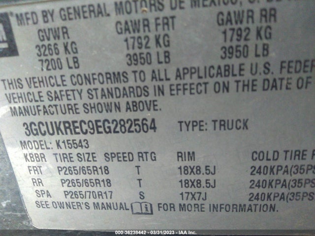2014 CHEVROLET SILVERADO 1500 LT VIN: 3GCUKREC9EG282564