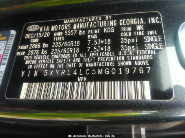 5XYRL4LC5MG019767 KIA SORENTO S