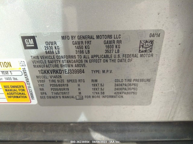 GMC ACADIA SLT 2014 1GKKVRKD1EJ339984 Image 9