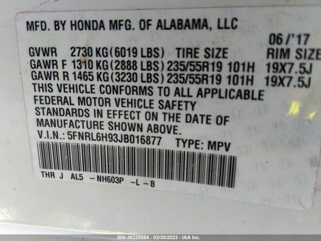 2018 HONDA ODYSSEY ELITE VIN: 5FNRL6H93JB016877