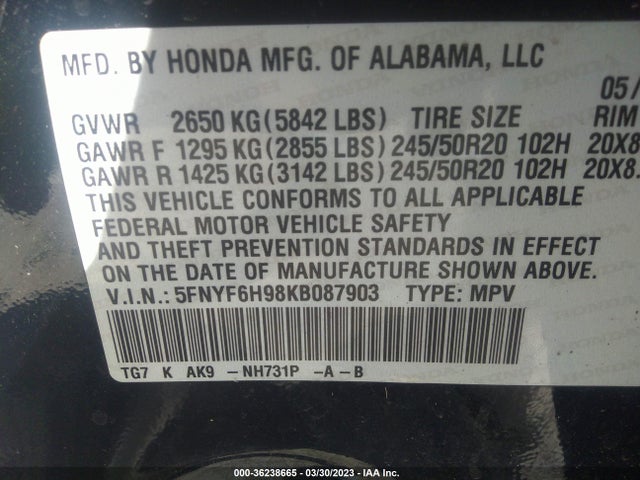 2019 HONDA PILOT TOURING 8-PASSENGER VIN: 5FNYF6H98KB087903