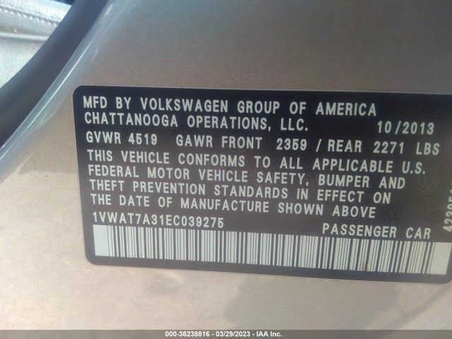 1VWAT7A31EC039275 Volkswagen Passat Wolfsburg Ed