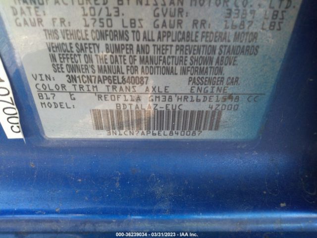 3N1CN7AP6EL840087 Nissan Versa S Plus