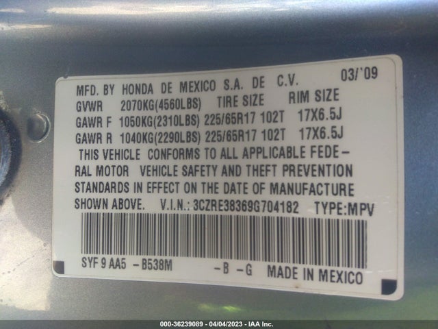 2009 HONDA CR-V LX VIN: 3CZRE38369G704182