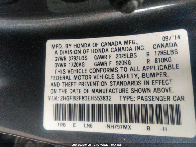 Honda Civic Sedan Ex 2014 2HGFB2F80EH553832 Image 10