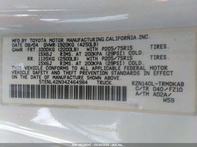 2004 TOYOTA TACOMA VIN: 5TENL42N34Z464984