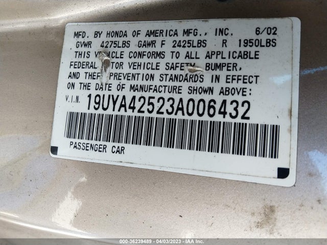 2003 ACURA CL W/NAVIGATION SYSTEM VIN: 19UYA42523A006432