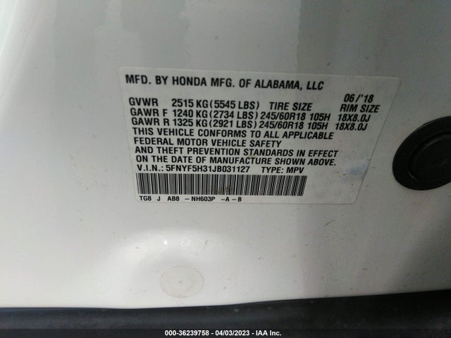 Honda Pilot Ex 2018 5FNYF5H31JB031127 Image 9