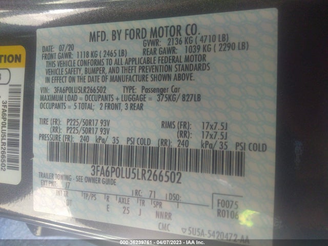 Ford Fusion Hybrid Se 2020 3FA6P0LU5LR266502 Image 10