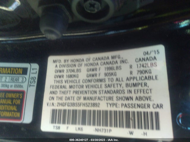 Honda Civic Lx 2015 2HGFG3B55FH523892 Image 9