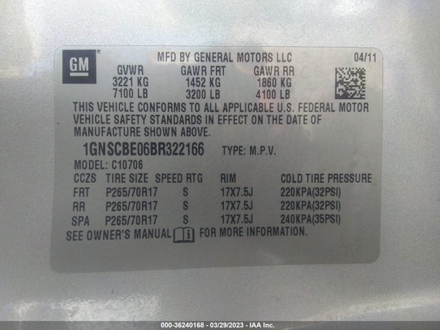 2011 Chevrolet Tahoe Lt მანქანა იყიდება აუქციონზე, vin: 1GNSCBE06BR322166, აუქციონის ნომერი: 36240168