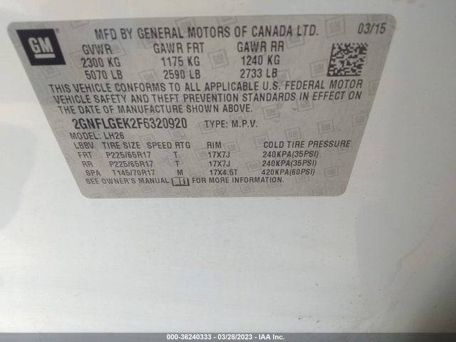 Chevrolet EQUINOX LT 2015 2GNFLGEK2F6320920 Image 10