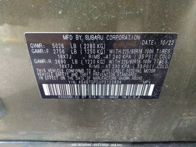 4S4BTGPD0P3123934 Subaru Outback Touring Xt
