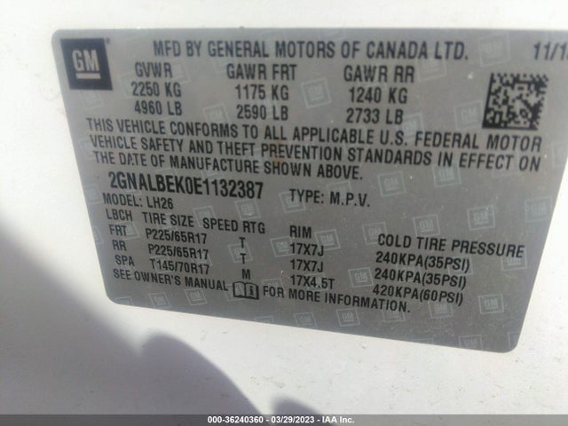 2GNALBEK0E1132387 Chevrolet EQUINOX LT