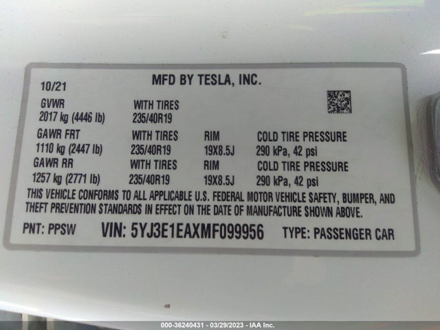 Tesla Model 3 Standard Range Plus 2021 5YJ3E1EAXMF099956 Image 9