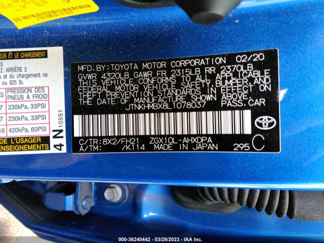 2020 TOYOTA C-HR LE/XLE/LIMITED VIN: JTNKHMBX8L1078037