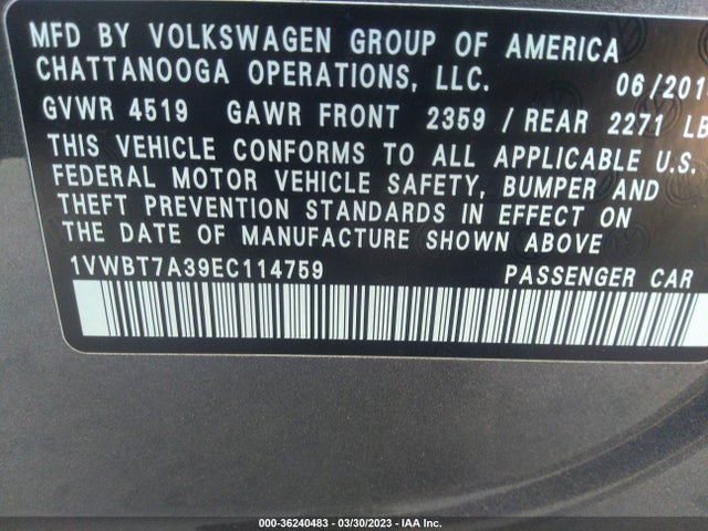 1VWBT7A39EC114759 Volkswagen PASSAT SE