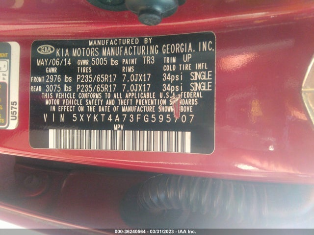 KIA SORENTO LX 2015 5XYKT4A73FG595707 Image 10