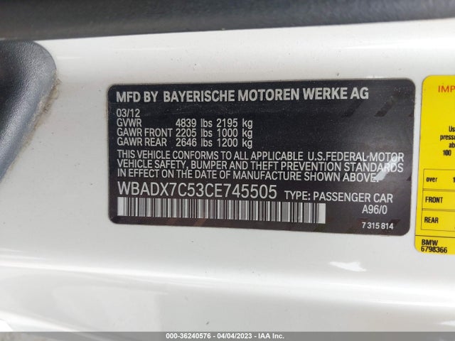 2012 BMW 3 SERIES 335I VIN: WBADX7C53CE745505