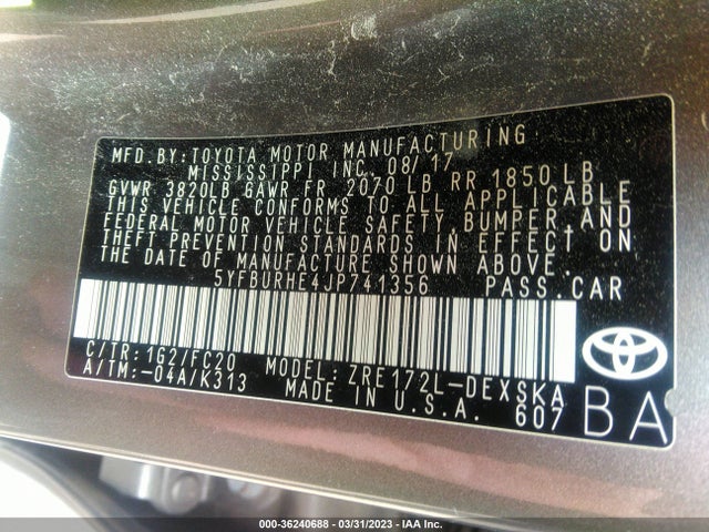 Toyota COROLLA SE 2018 5YFBURHE4JP741356 Image 9