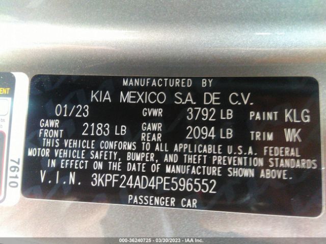 3KPF24AD4PE596552 KIA Forte Lxs