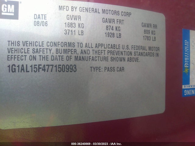 2007 CHEVROLET COBALT LT VIN: 1G1AL15F477150993