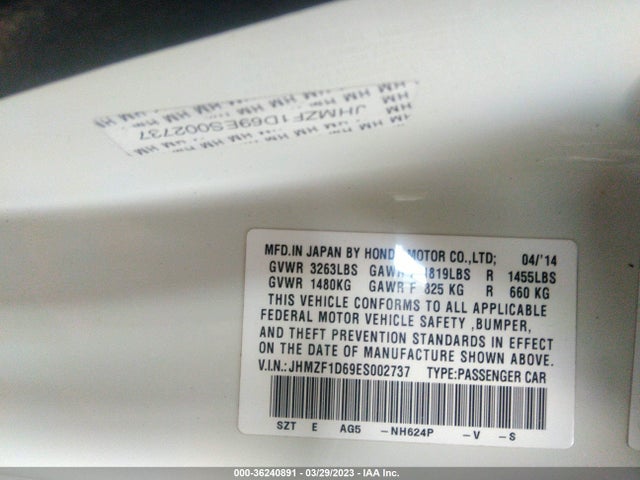 Honda CR-Z EX 2014 JHMZF1D69ES002737 Image 9