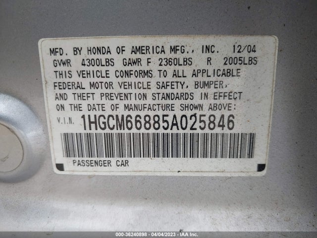2005 HONDA ACCORD SDN EX-L V6 WITH NAVI VIN: 1HGCM66885A025846