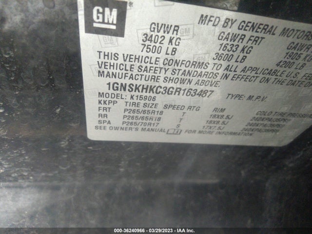 Chevrolet Suburban Lt 2016 1GNSKHKC3GR163487 Image 9