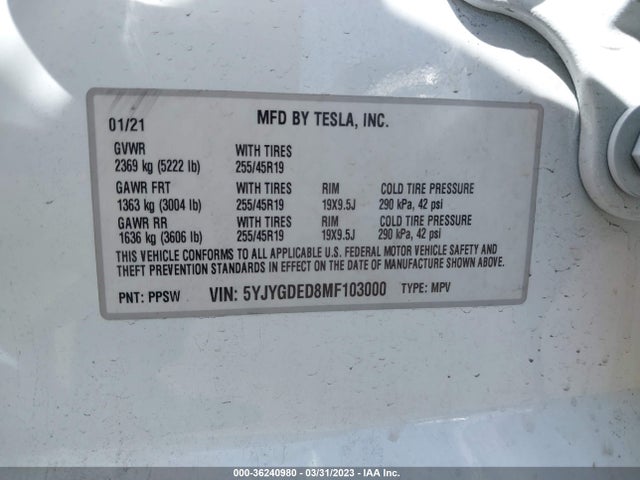 Tesla Model Y Standard Range 2021 5YJYGDED8MF103000 Image 9