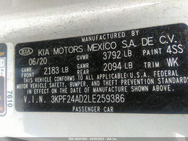 3KPF24AD2LE259386 KIA Forte Lxs