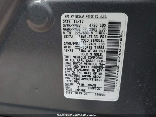 JN8AT2MV3JW318422 Nissan Rogue Sl