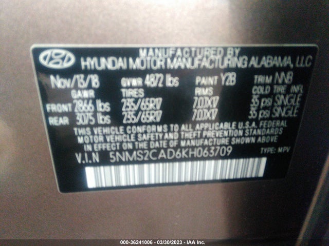 2019 HYUNDAI SANTA FE SE VIN: 5NMS2CAD6KH063709