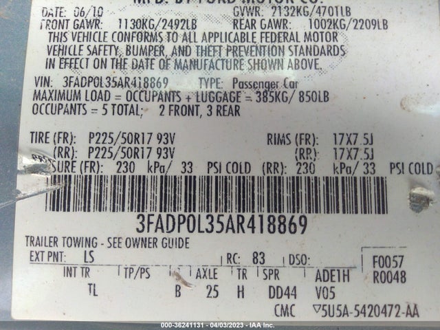 2010 FORD FUSION HYBRID VIN: 3FADP0L35AR418869