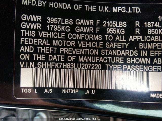 36241182 :رقم المزاد ، SHHFK7H63LU207220 vin ، 2020 Honda Civic Hatchback Ex مزاد بيع